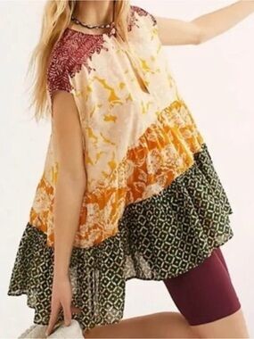 Free People “Gotta Have You” Maroon and Cream Patterned Top, Medium